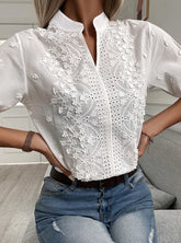 V-Neck Stand Collar Embroidered Lace Shirt